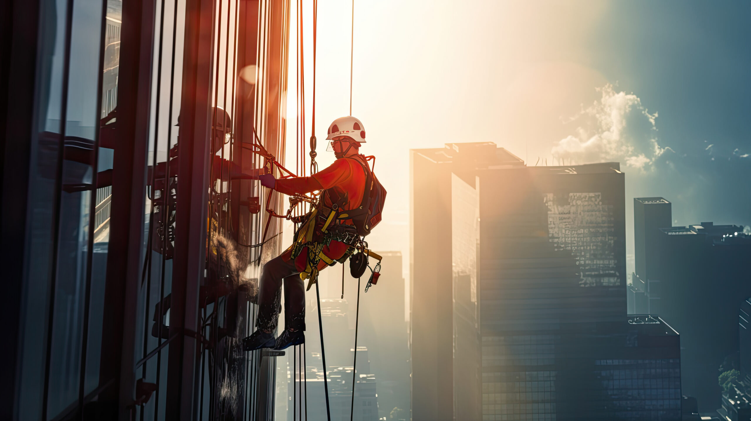 Professional climber rope access workers cleaning glass in tall building. Generative Ai